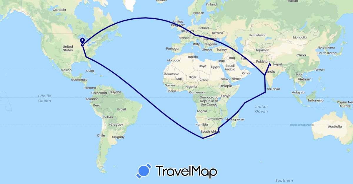 TravelMap itinerary: driving in Germany, India, Madagascar, Maldives, Mozambique, Seychelles, United States, South Africa (Africa, Asia, Europe, North America)